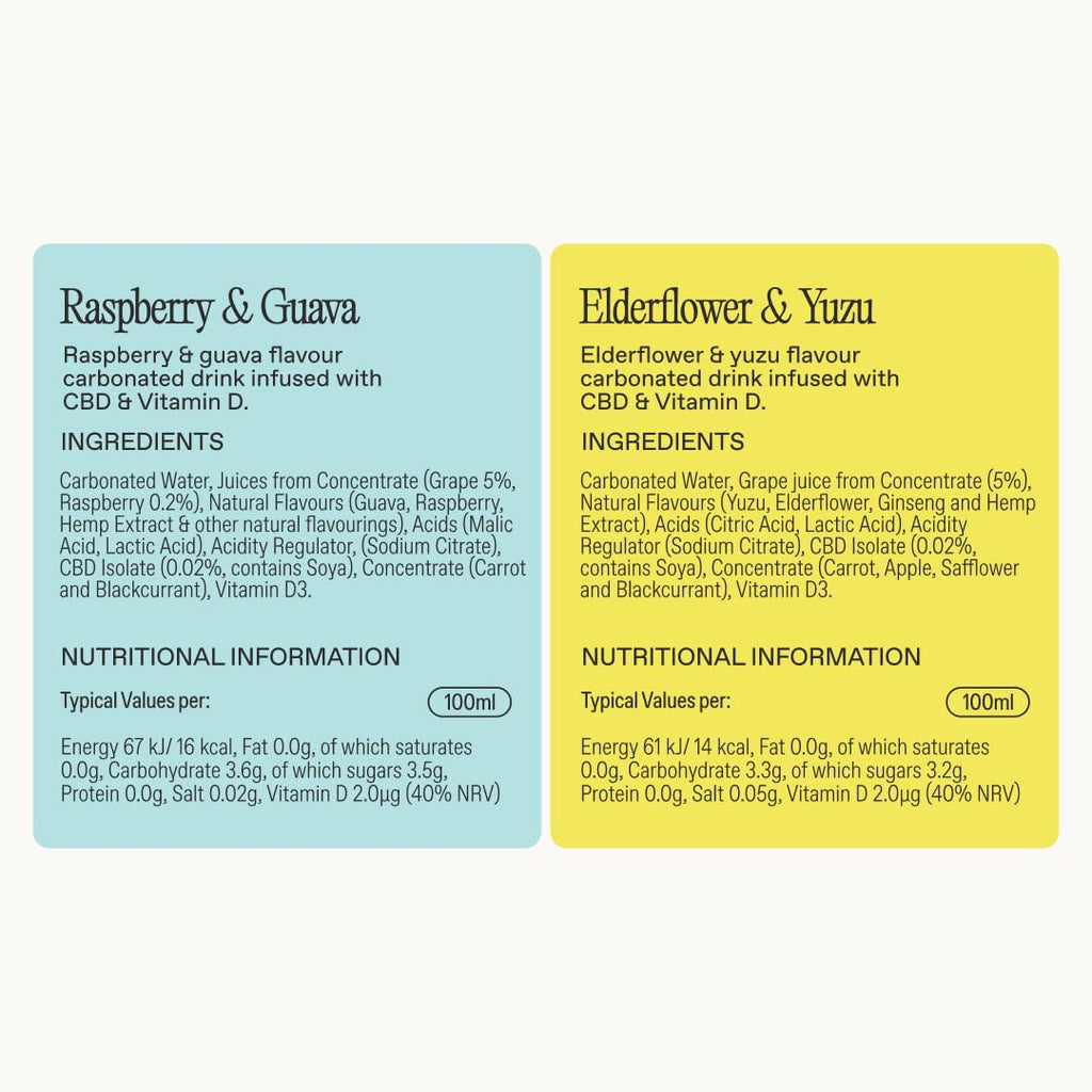 GOODRAYS CBD Drinks Sparkling Soft Drink - Elderflower Yuzu & Raspberry Guava - 12 x 250ml Cans Low Calorie Vegan - New - BBE 09/2026