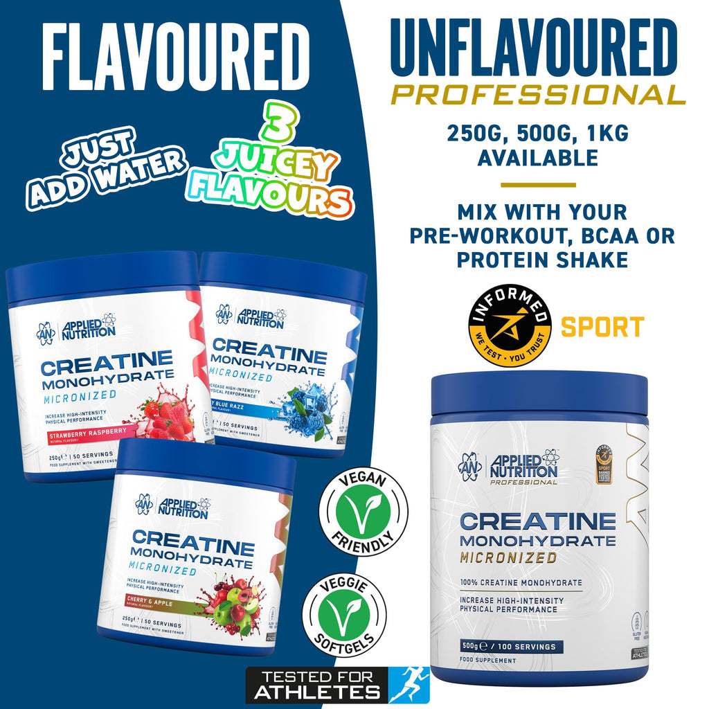 Applied Nutrition Creatine Monohydrate Powder Unflavoured 250g 50 Servings - Muscle Growth Supplement - New - BBE 05/2028