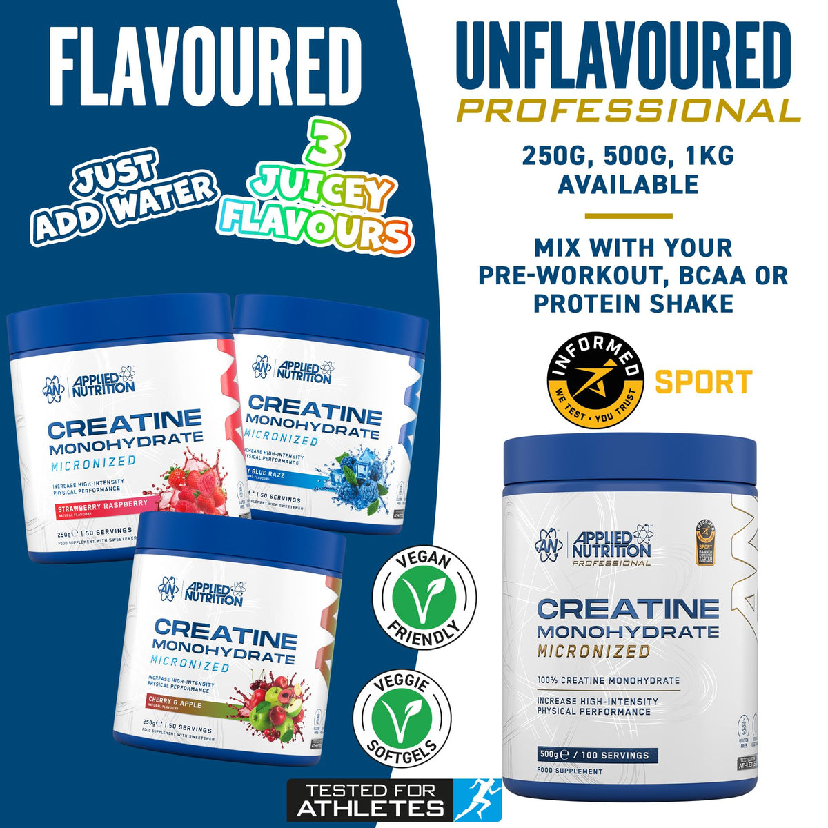 Applied Nutrition Creatine Monohydrate Powder Unflavoured 250g 50 Servings - Muscle Growth Supplement - New - BBE 05/2028