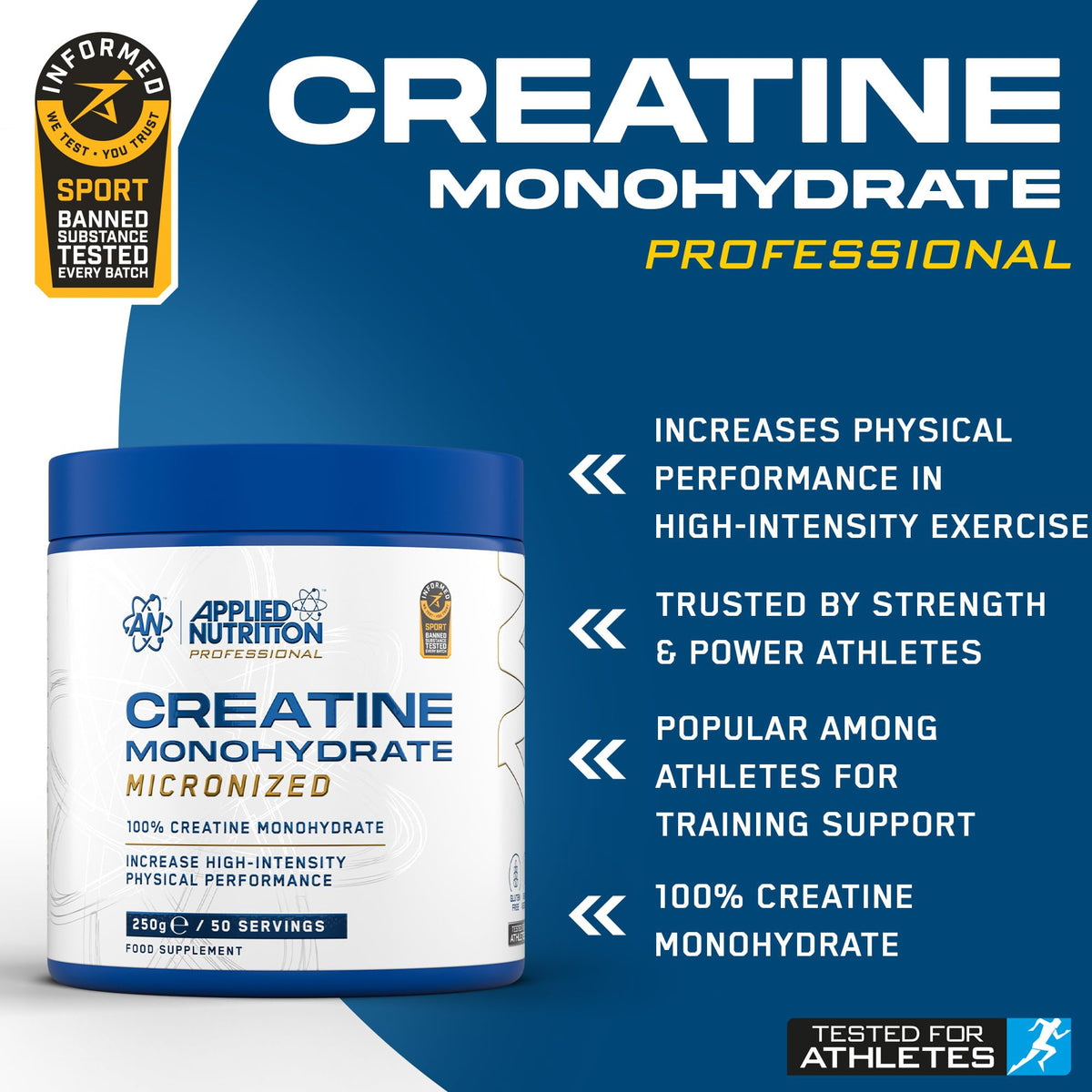 Applied Nutrition Creatine Monohydrate Powder Unflavoured 250g 50 Servings - Muscle Growth Supplement - New - BBE 05/2028
