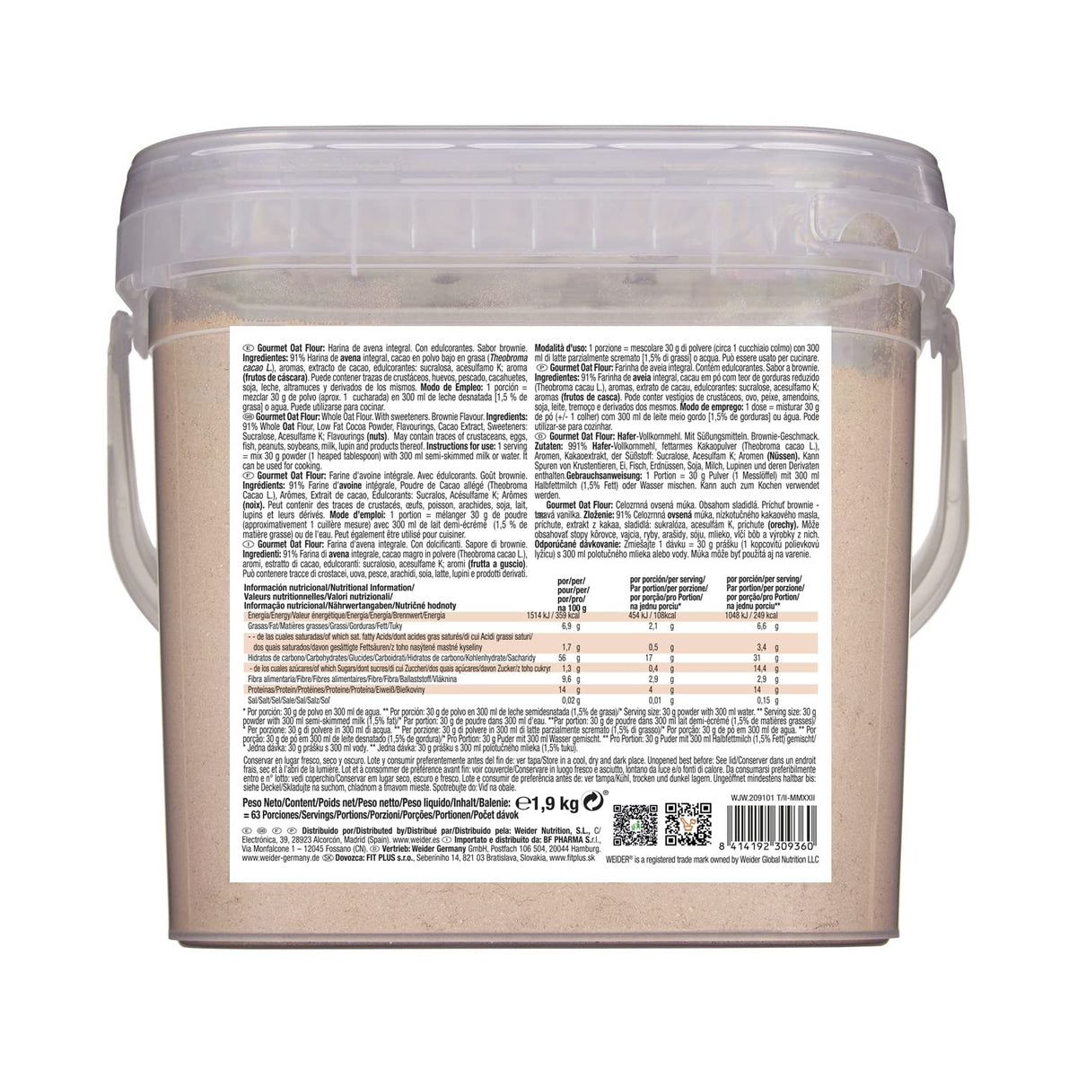 Weider Gourmet Oat Flour 1.9kg Brownie Flavour Wholegrain Oats Baking Powder Supplement - New - BBE 01/2027