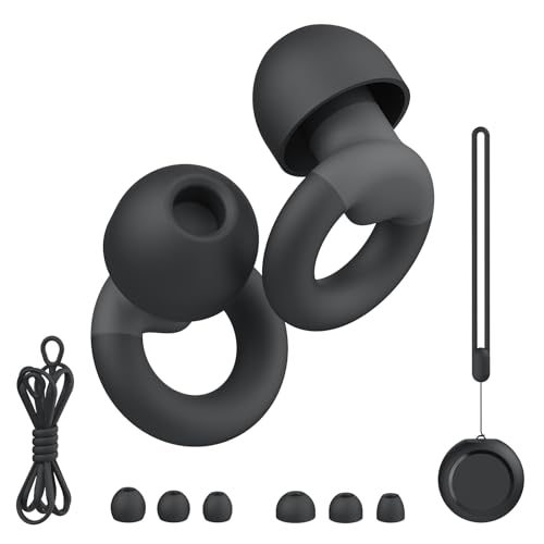 JUSTRVN Noise Reduction Earplugs - Soft Silicone Reusable Ear Plugs - 7 Pairs Tips, Cord - 25-30dB Hearing Protection for Sleeping, Work - Damaged Box