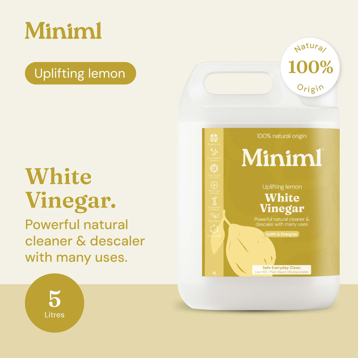 Miniml Eco White Vinegar Cleaning Refill 5L - Sorrento Lemon Multi-Surface Cleaner Descaler - Damaged Box