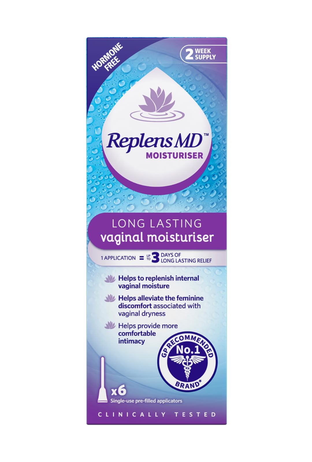 Replens Vaginal Moisturiser - Long Lasting Relief - 6 Single Use Applicators - Damaged Box - BBE 11/2026