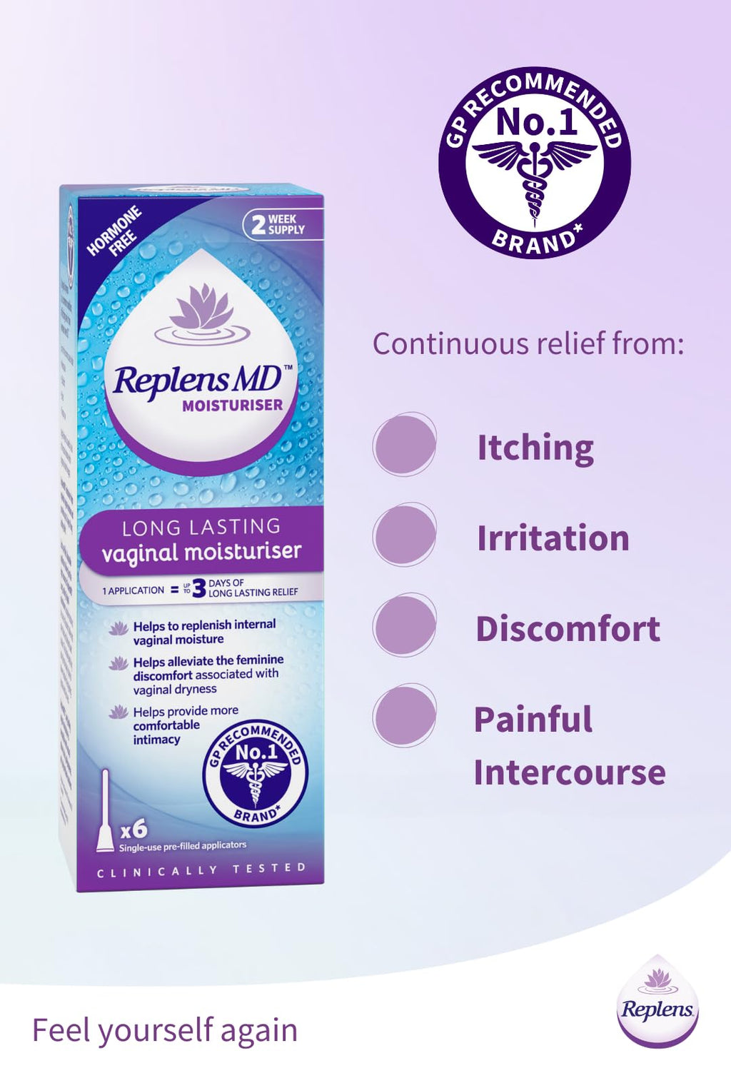 Replens Vaginal Moisturiser - Long Lasting Relief - 6 Single Use Applicators - Damaged Box - BBE 11/2026