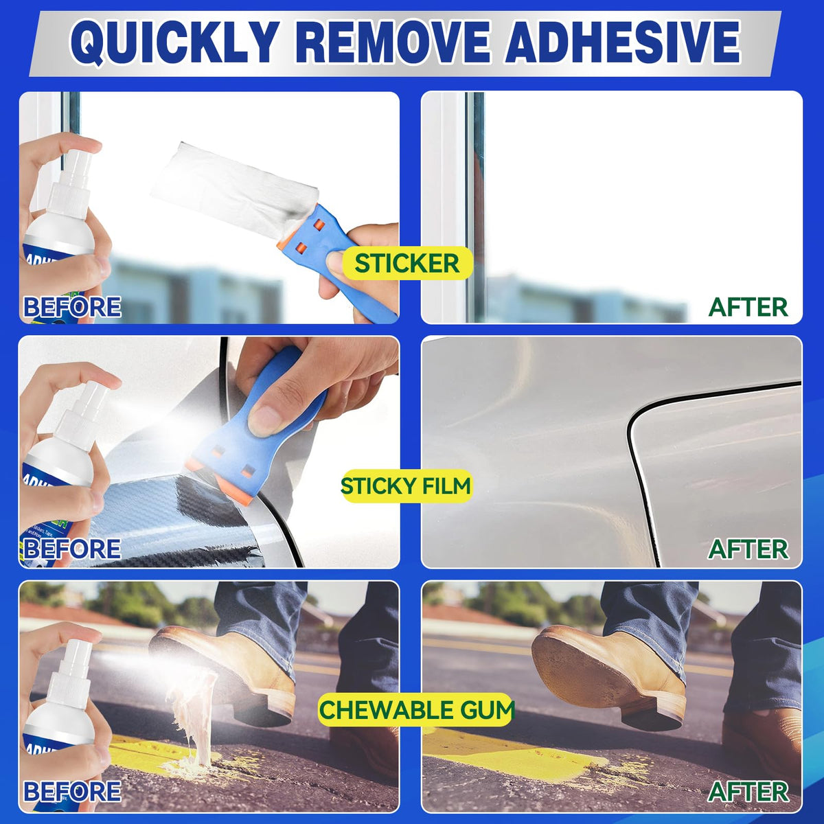 Adhesive Remover Sticky Stuff Remover Spray - Surface-Safe Glue & Label Sticker Residue Remover with Scraper for Car Glass Plastic Wood - Damaged Box
