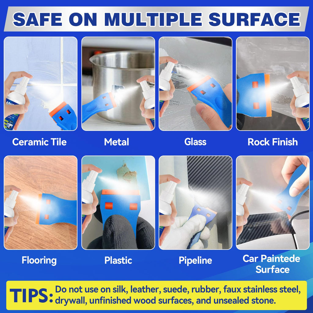 Adhesive Remover Sticky Stuff Remover Spray - Surface-Safe Glue & Label Sticker Residue Remover with Scraper for Car Glass Plastic Wood - Damaged Box