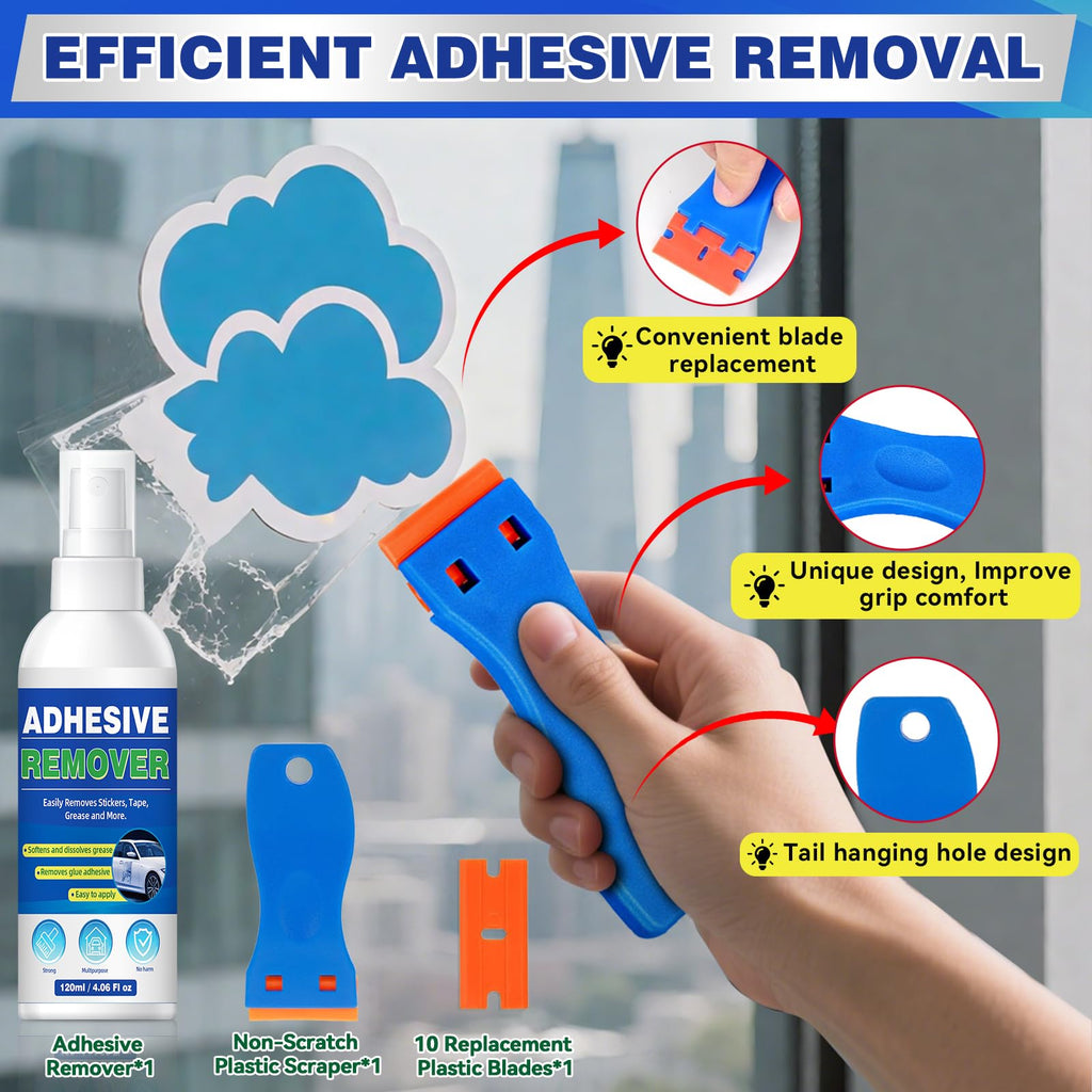 Adhesive Remover Sticky Stuff Remover Spray - Surface-Safe Glue & Label Sticker Residue Remover with Scraper for Car Glass Plastic Wood - Damaged Box