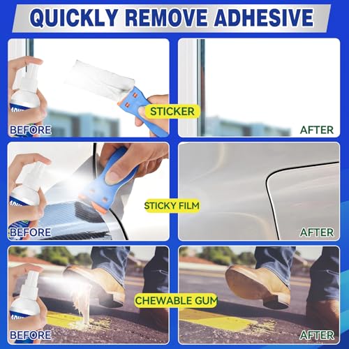 Adhesive Remover Sticky Stuff Remover Spray - Surface-Safe Glue & Label Sticker Residue Remover with Scraper for Car Glass Plastic Wood - Damaged Box