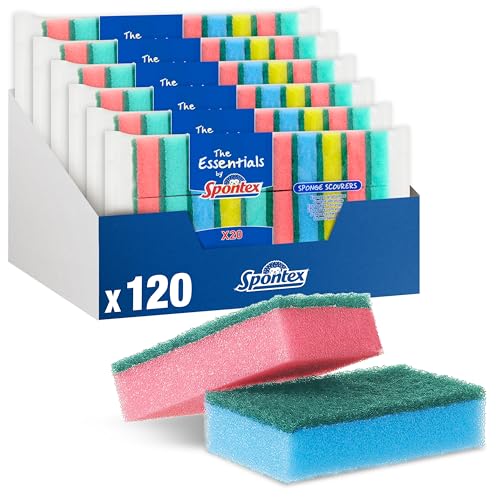 Spontex The Essentials Washing Up Sponge Scourers - Hard Wearing - 6 x 20 Pack - 120 Total - Versatile Kitchen Cleaning - Damaged Box