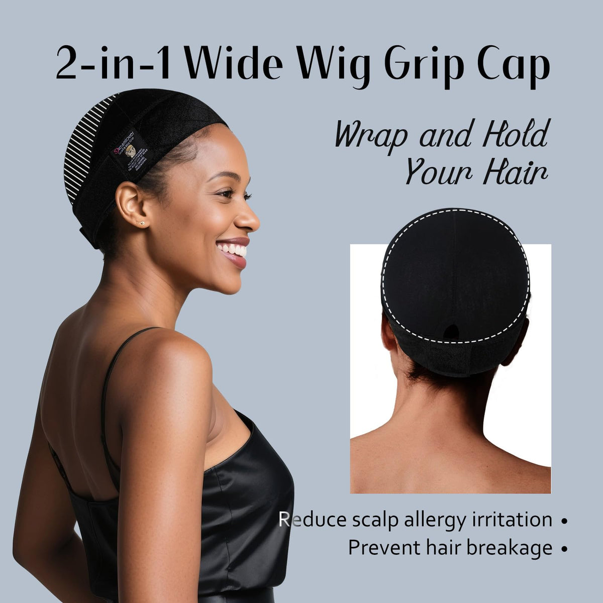 Dreamlover Wide Wig Grip Cap - Hold Wigs, Hats, Scarves in Place - Black Adjustable Non-Slip Headband - Damaged Box