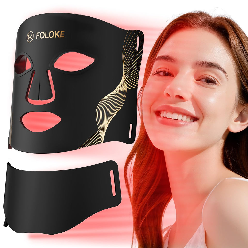 FOLOKE LED Light Therapy Mask - Face & Neck - 7 Colours Red Blue Light - USB-C Rechargeable Silicone - Black Skincare Device - Damaged Box