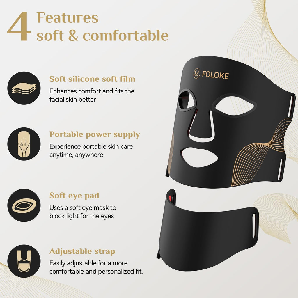 FOLOKE LED Light Therapy Mask - Face & Neck - 7 Colours Red Blue Light - USB-C Rechargeable Silicone - Black Skincare Device - Damaged Box