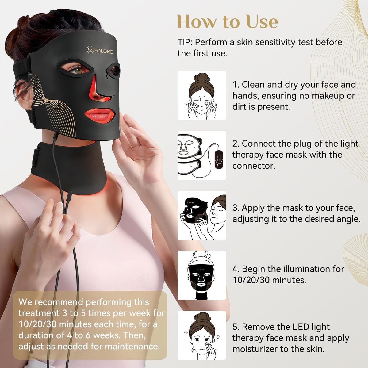 FOLOKE LED Light Therapy Mask - Face & Neck - 7 Colours Red Blue Light - USB-C Rechargeable Silicone - Black Skincare Device - Damaged Box