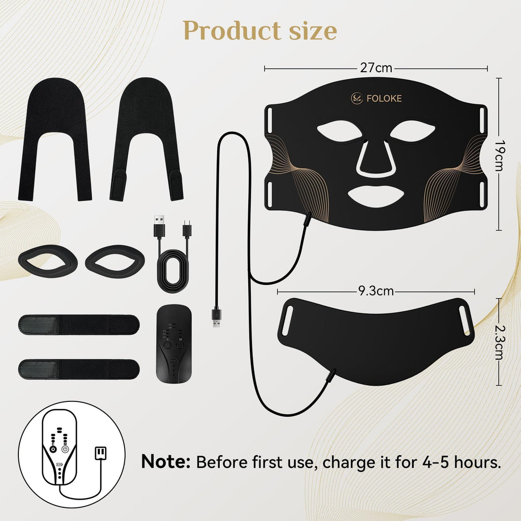 FOLOKE LED Light Therapy Mask - Face & Neck - 7 Colours Red Blue Light - USB-C Rechargeable Silicone - Black Skincare Device - Damaged Box