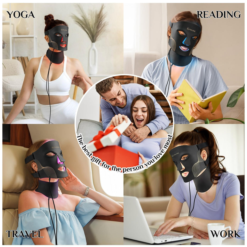 FOLOKE LED Light Therapy Mask - Face & Neck - 7 Colours Red Blue Light - USB-C Rechargeable Silicone - Black Skincare Device - Damaged Box