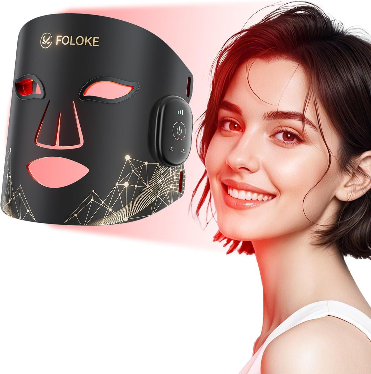 FOLOKE LED Light Therapy Mask - Face & Neck - 7 Colours Red Blue Light - USB-C Rechargeable Silicone - Black Skincare Device - Damaged Box