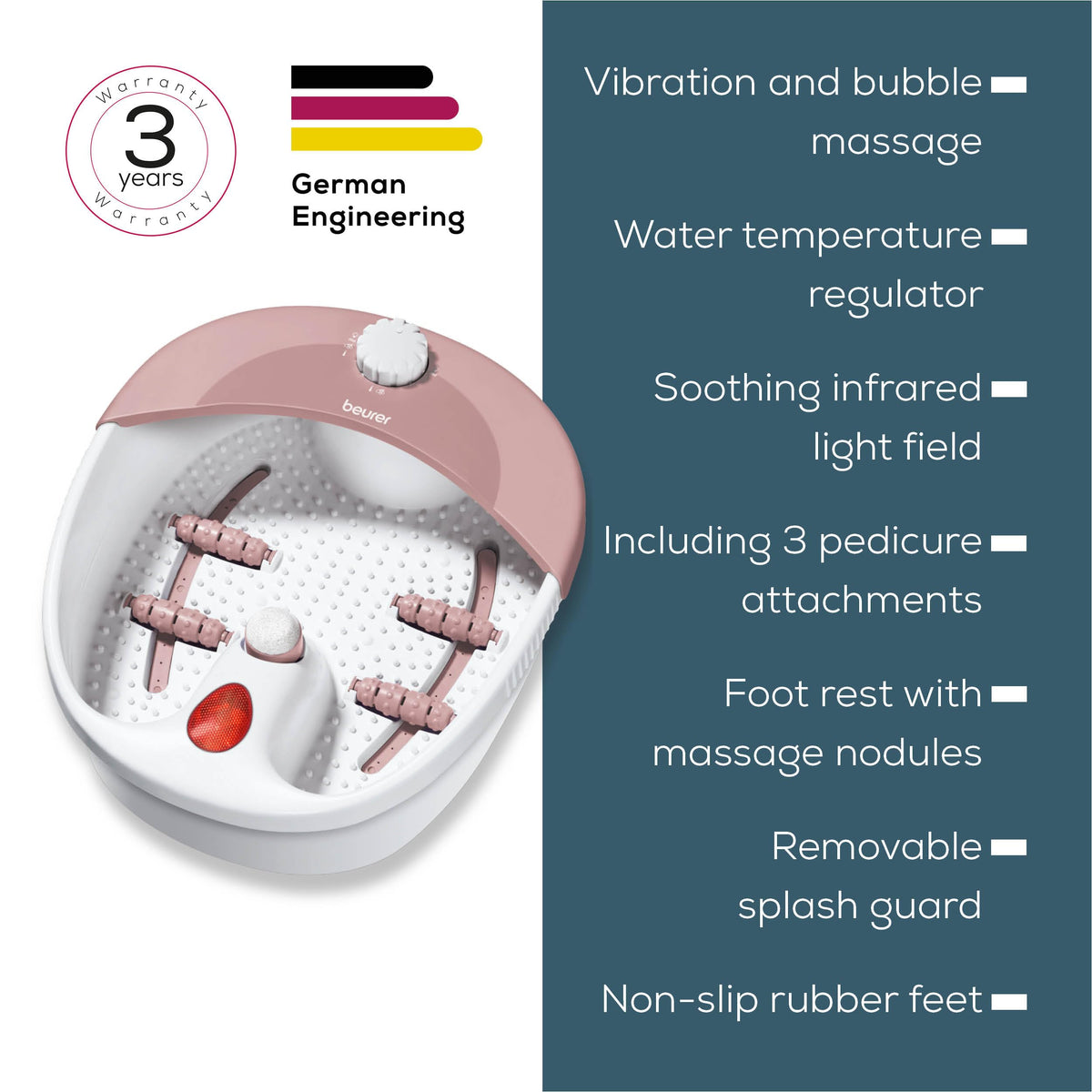 Beurer FB20 Foot Spa - Vibration Bubble Massage - Infrared Light - Reflexology - 3 Pedicure Attachments - Damaged Box