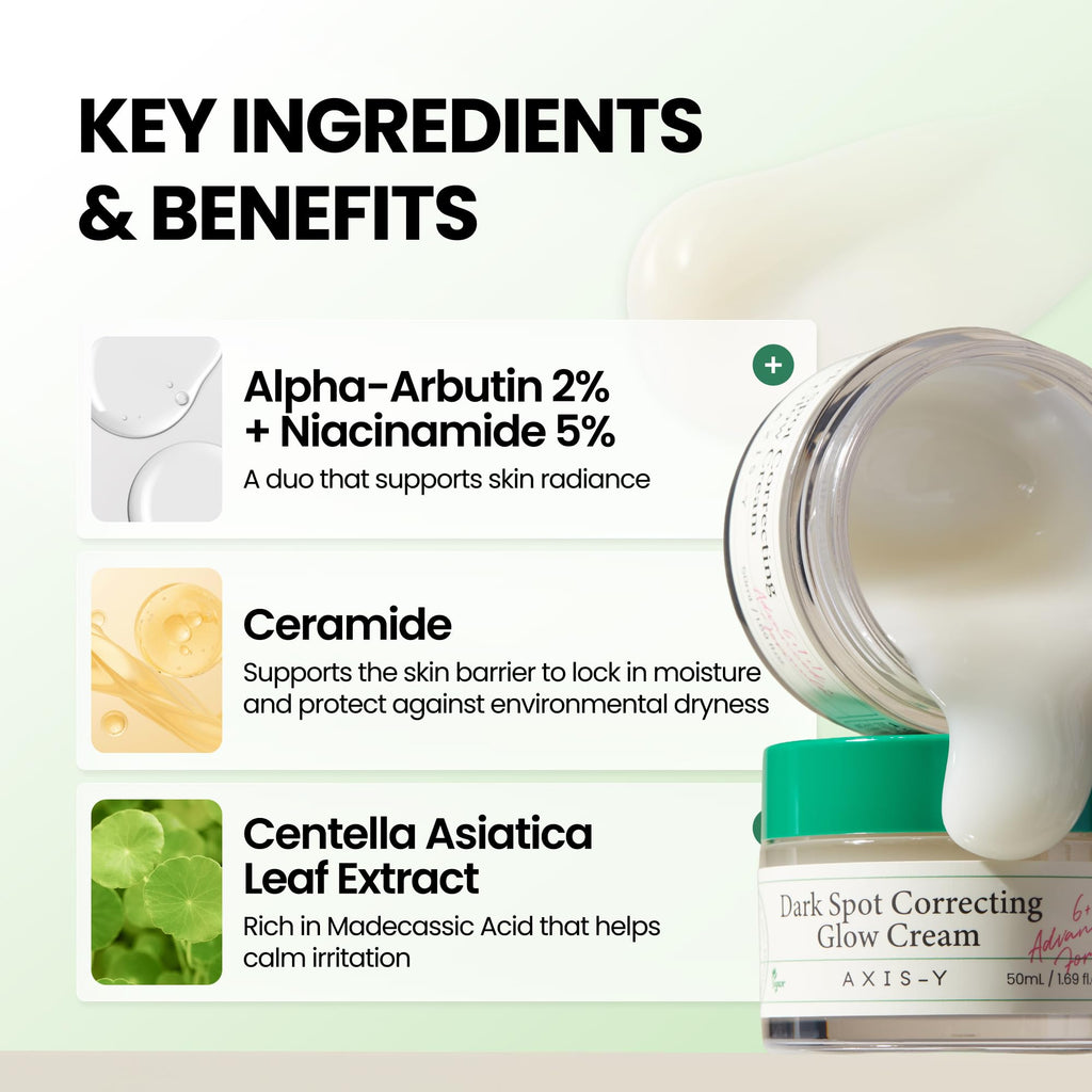 AXIS-Y Dark Spot Correcting Glow Cream - 2% Alpha Arbutin, 5% Niacinamide, Ceramide - Vegan Korean Face Moisturizer 1.69 Fl. Oz. - New - BBE 11/2028