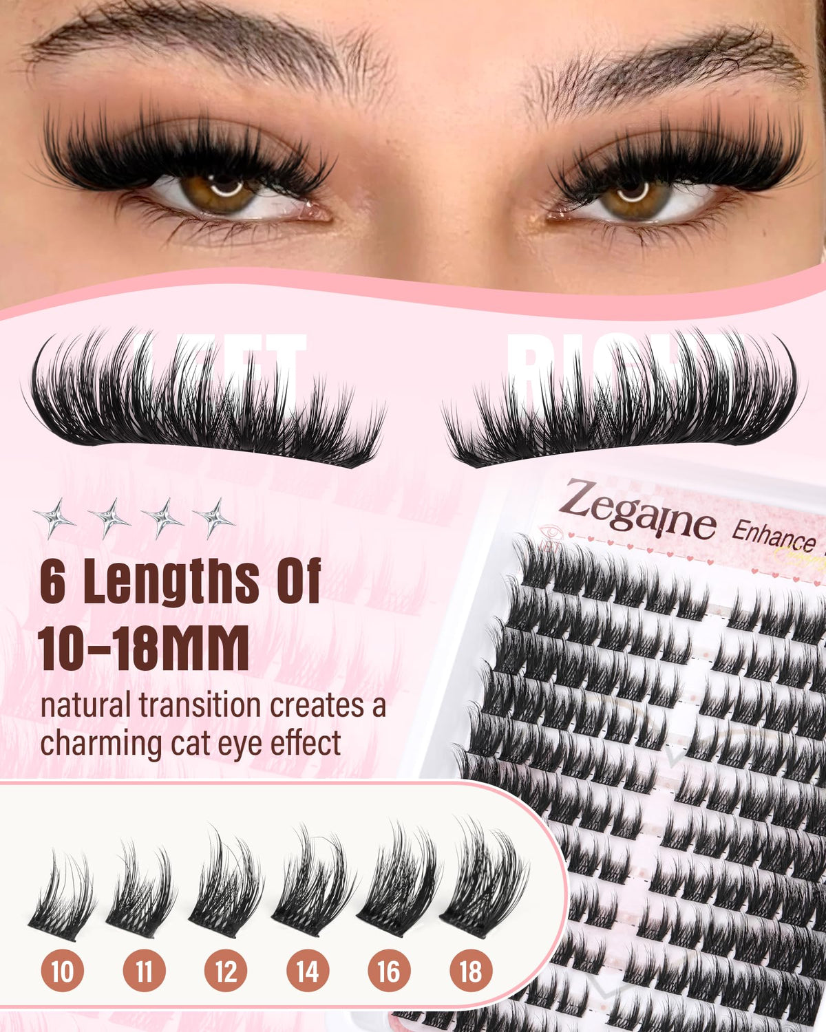 Zegaine Cat Eye Cluster Lashes - Spikes Manga Individual Eyelashes - Wispy C-Curl Pre-Mapped DIY Lash Extension 10-18mm - Damaged Box
