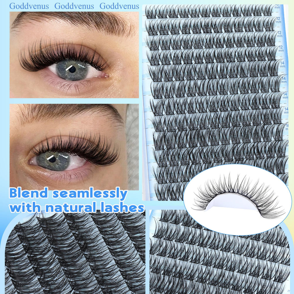 Goddvenus Wispy Cluster Lashes - Natural Individual Eyelashes - D Curl DIY Russian Lash Extensions - Damaged Box