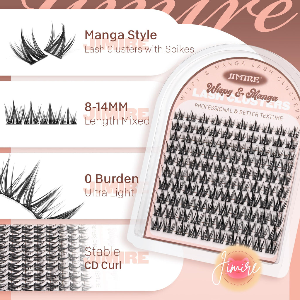 JIMIRE Manga Cluster Lashes - Natural Look Anime Individual Eyelashes - Wispy Manhua Lash Clusters 8-14mm 110 Pcs Thin Band - Damaged Box