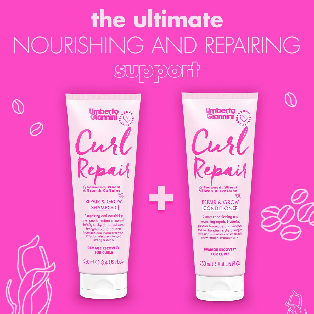 Umberto Giannini Curl Repair Shampoo Conditioner Set - Vegan Cruelty Free - 250ml Hair Growth Formula - New