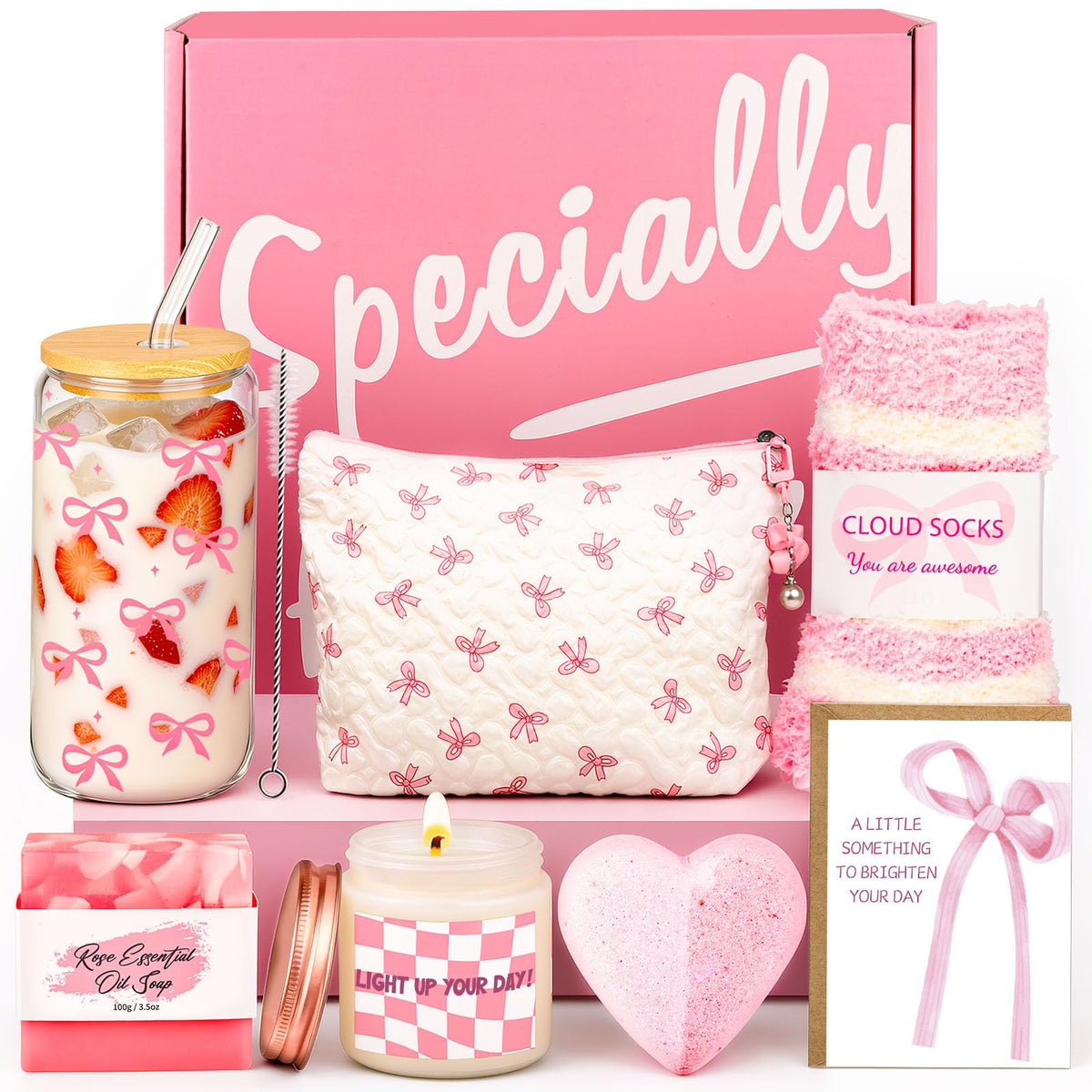 Rose Self Care Gifts Set for Her – Pink Spa Gift Basket with Tumbler, Cosmetic Bag, Scented Candle – Birthday Thank You Mum Friend - Damaged Box