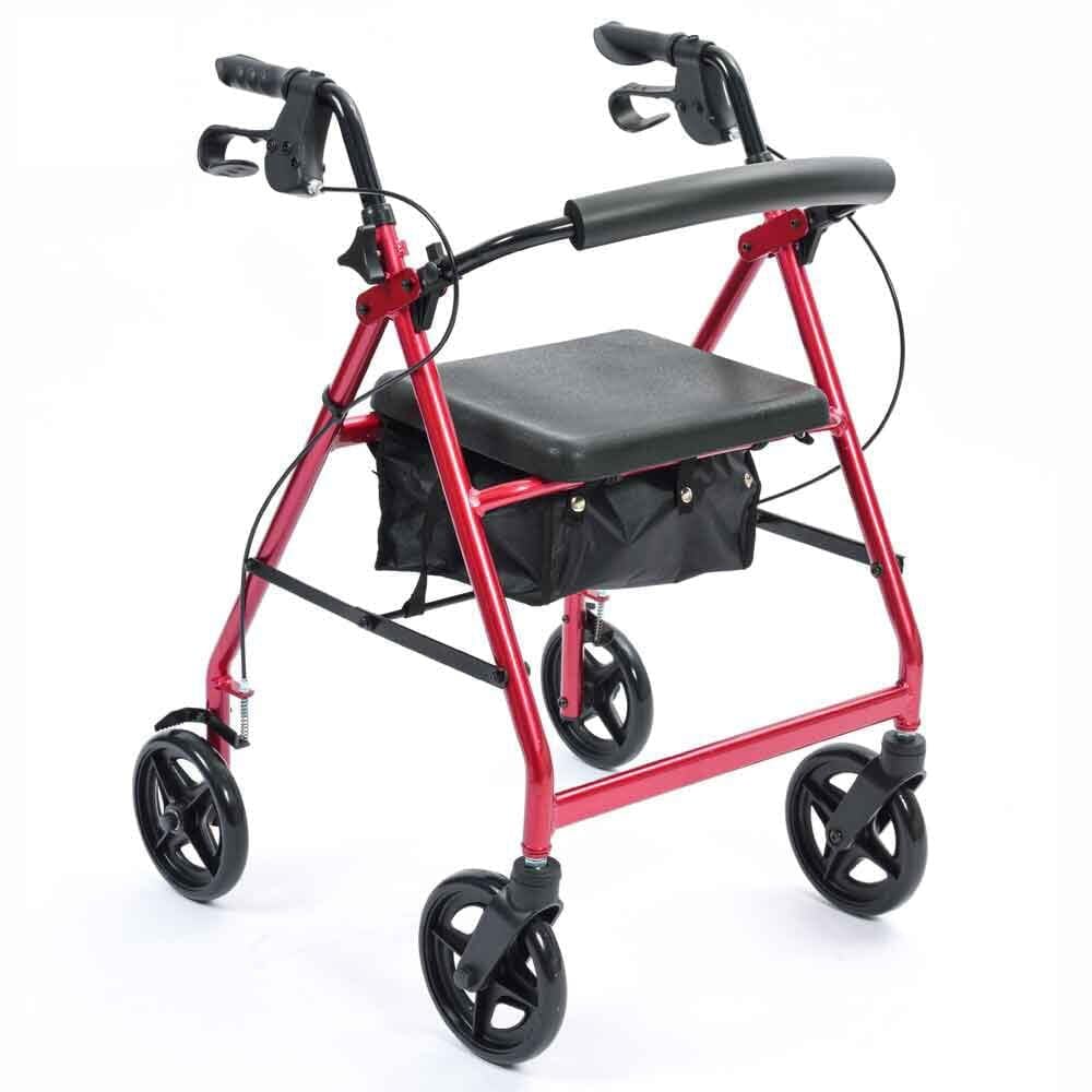NRS A-Series 4 Wheel Rollator Walking Aid with Seat & Bag - Folding Lightweight Height Adjustable Aluminium Frame - Red P11255 - Damaged Box