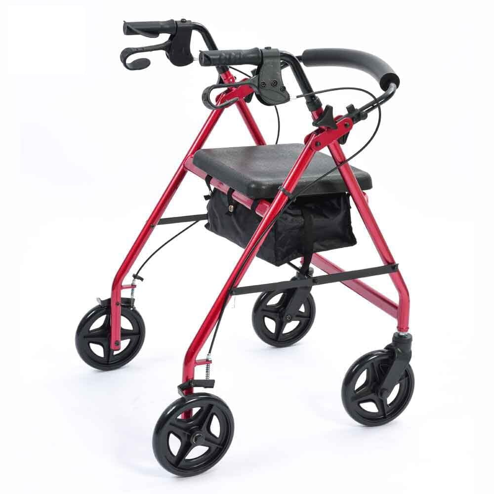 NRS A-Series 4 Wheel Rollator Walking Aid with Seat & Bag - Folding Lightweight Height Adjustable Aluminium Frame - Red P11255 - Damaged Box