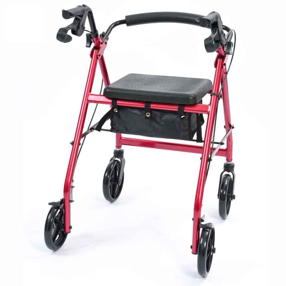 NRS A-Series 4 Wheel Rollator Walking Aid with Seat & Bag - Folding Lightweight Height Adjustable Aluminium Frame - Red P11255 - Damaged Box