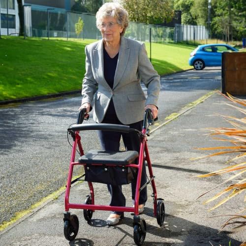 NRS A-Series 4 Wheel Rollator Walking Aid with Seat & Bag - Folding Lightweight Height Adjustable Aluminium Frame - Red P11255 - Damaged Box