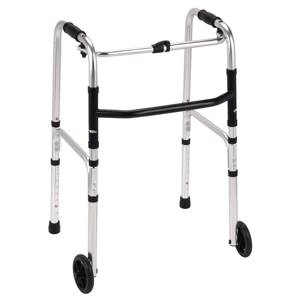 Lightweight Aluminium Folding Walking Frame Zimmer Walker With 2 Wheels - Height Adjustable One-Button Fold - Damaged Box
