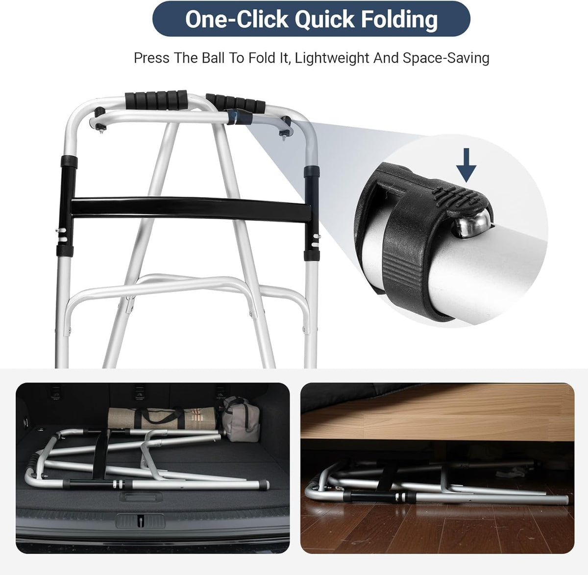 Lightweight Aluminium Folding Walking Frame Zimmer Walker With 2 Wheels - Height Adjustable One-Button Fold - Damaged Box