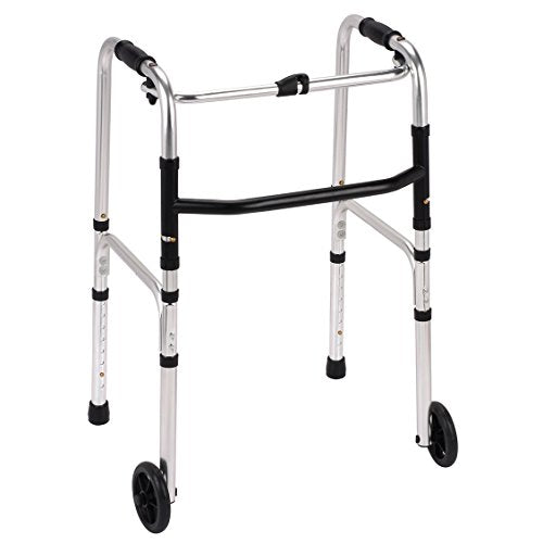 Lightweight Aluminium Folding Walking Frame Zimmer Walker With 2 Wheels - Height Adjustable One-Button Fold - Damaged Box