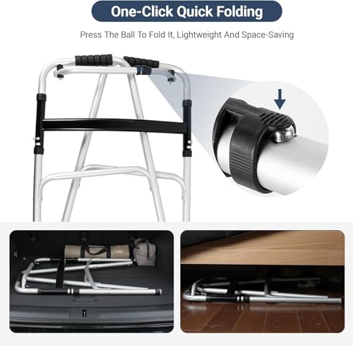 Lightweight Aluminium Folding Walking Frame Zimmer Walker With 2 Wheels - Height Adjustable One-Button Fold - Damaged Box