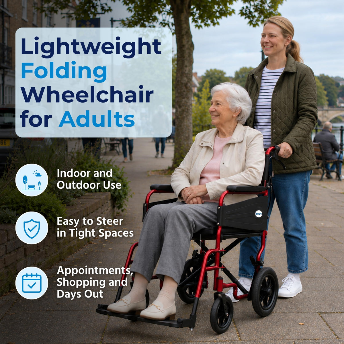 Days Compact Lightweight Folding Wheelchair for Adults - Portable Mobility Aid - Red - Very Good