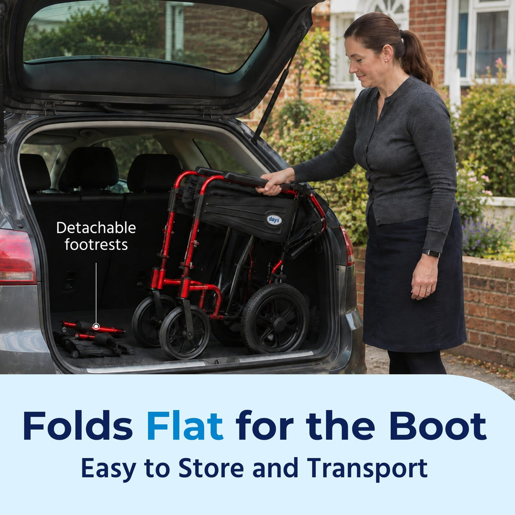 Days Compact Lightweight Folding Wheelchair for Adults - Portable Mobility Aid - Red - Very Good
