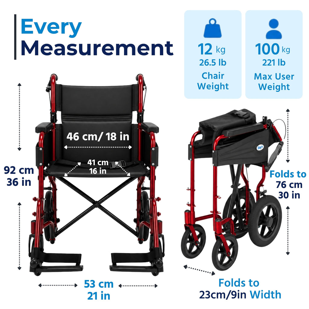 Days Compact Lightweight Folding Wheelchair for Adults - Portable Mobility Aid - Red - Very Good