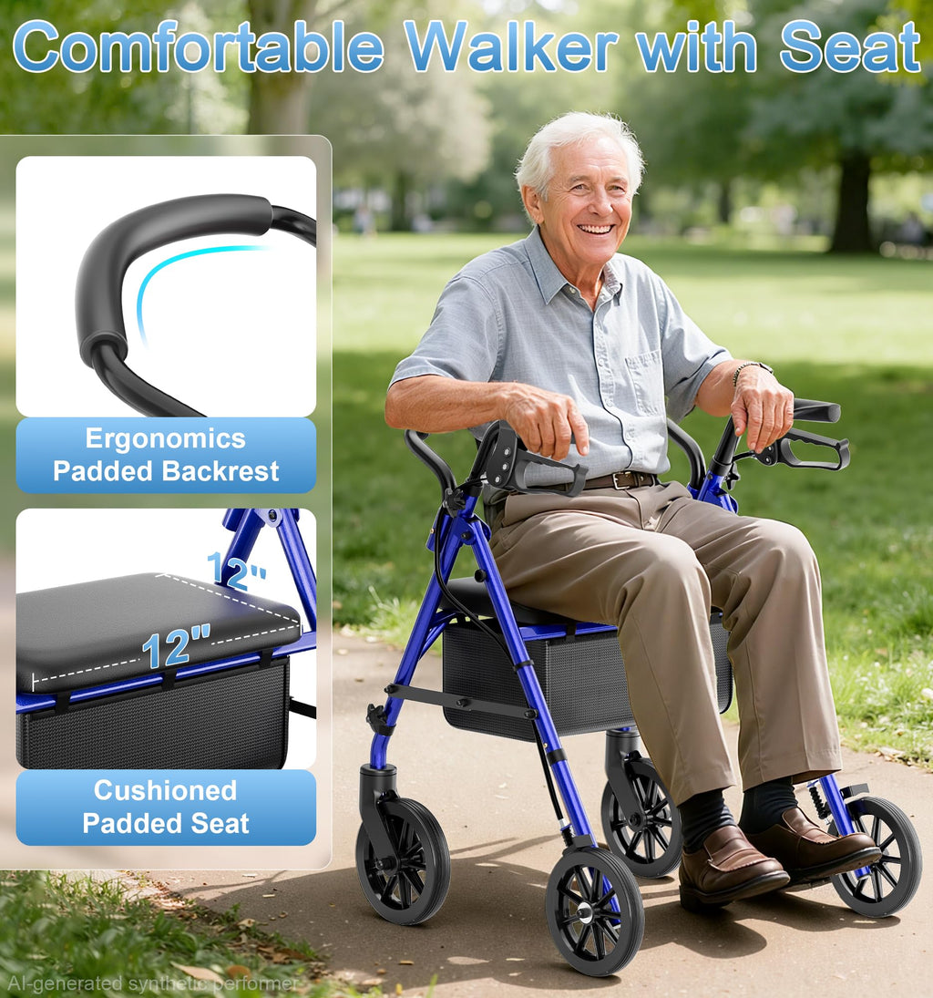 Homland Lightweight Folding Rollator Walker with Seat - All-Terrain Mobility Aid - Blue - Damaged Box