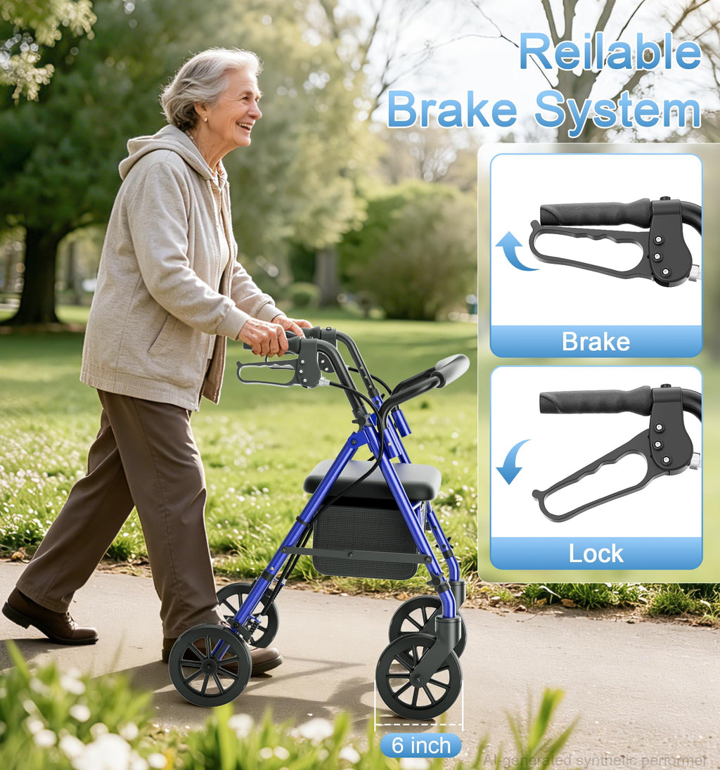 Homland Lightweight Folding Rollator Walker with Seat - All-Terrain Mobility Aid - Blue - Damaged Box