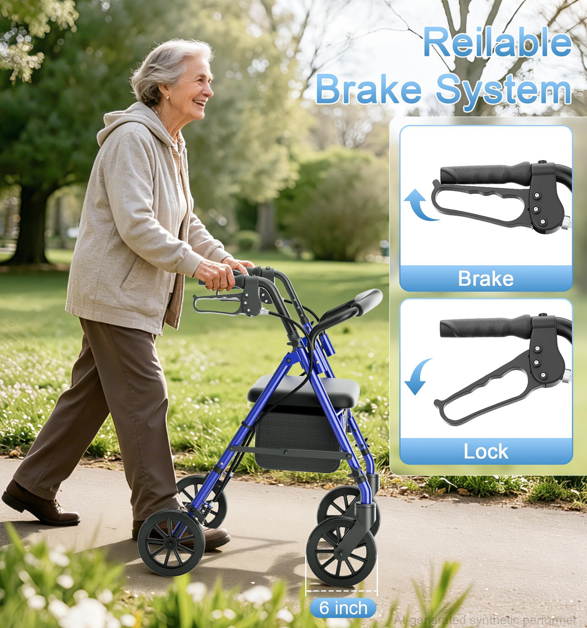 Homland Lightweight Folding Rollator Walker with Seat - All-Terrain Mobility Aid - Blue - Damaged Box