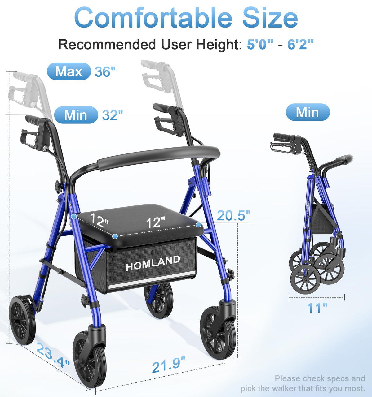 Homland Lightweight Folding Rollator Walker with Seat - All-Terrain Mobility Aid - Blue - Damaged Box