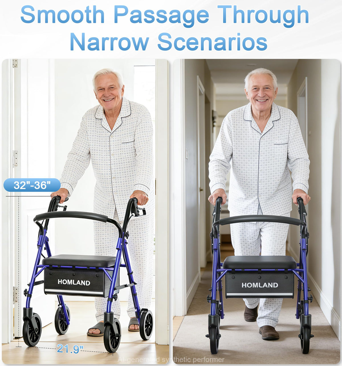 Homland Lightweight Folding Rollator Walker with Seat - All-Terrain Mobility Aid - Blue - Damaged Box