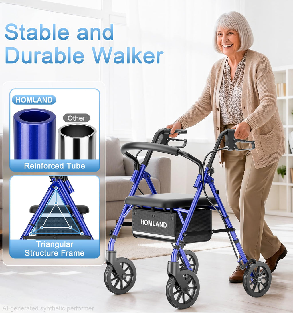 Homland Lightweight Folding Rollator Walker with Seat - All-Terrain Mobility Aid - Blue - Damaged Box