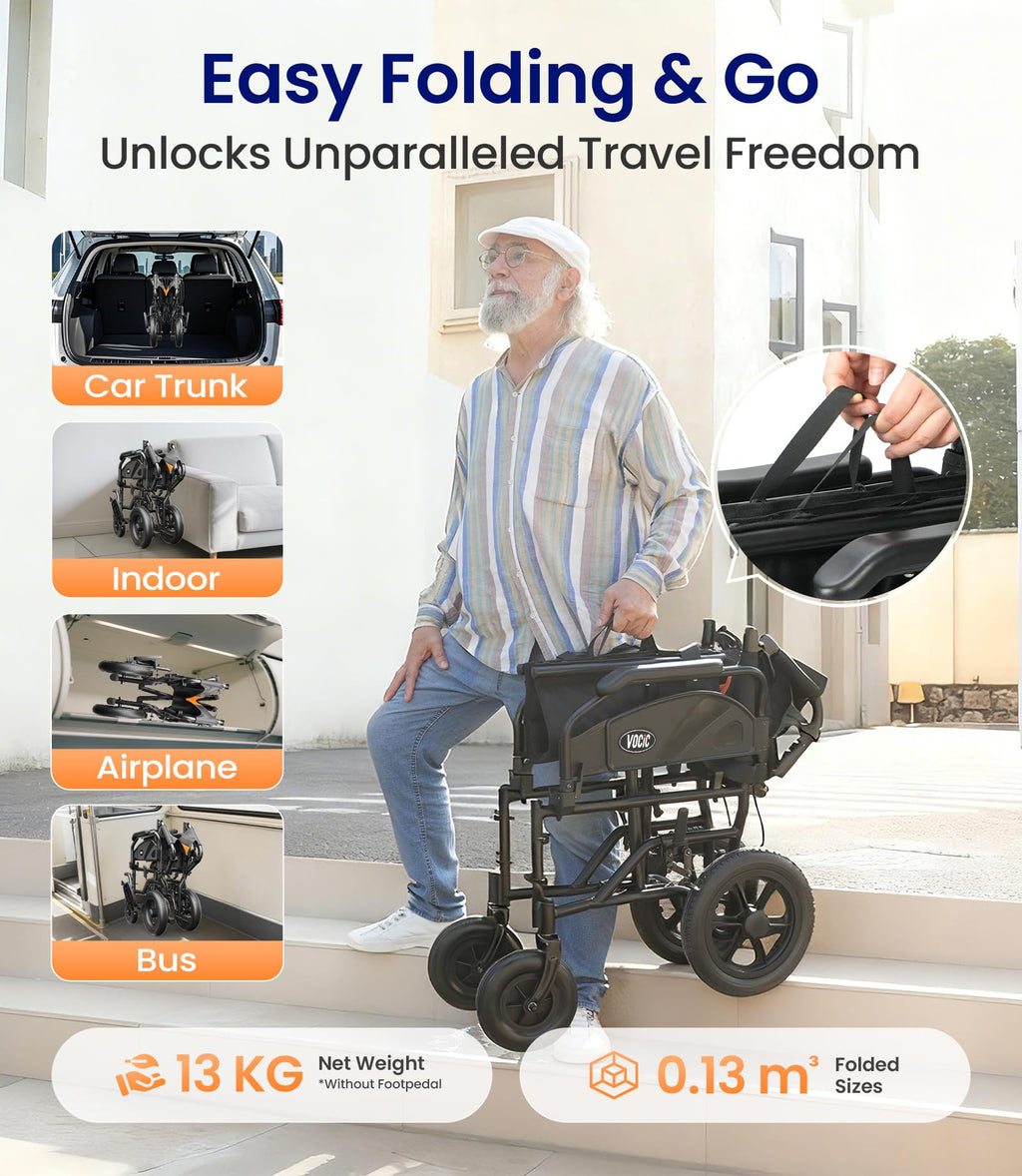 VOCIC Lightweight Wheelchair for Adults - 13kg Mobility Chair with 30cm All Terrain Tyres - Very Good