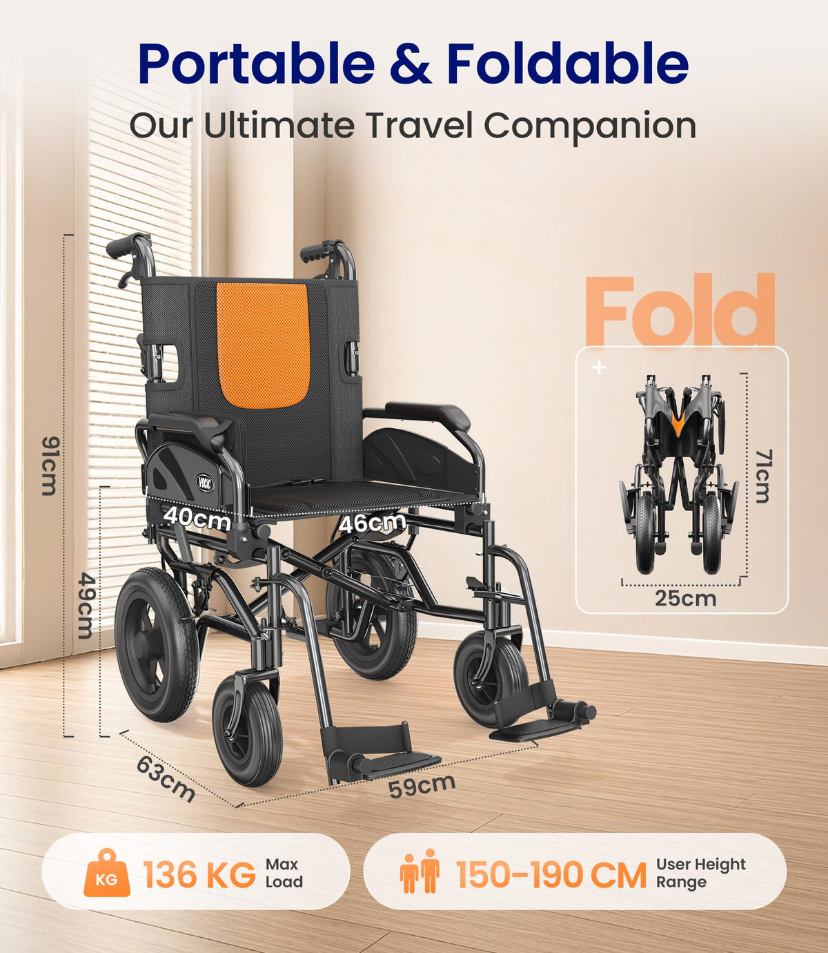 VOCIC Lightweight Wheelchair for Adults - 13kg Mobility Chair with 30cm All Terrain Tyres - Very Good