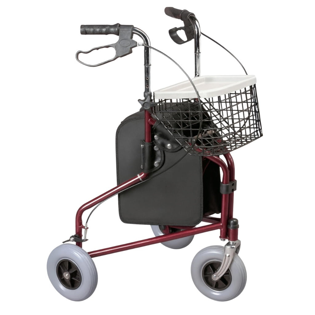 Days Folding Three Wheeled Rollator Walker - Steel Mobility Aid with Tray, Basket, Bag, Lockable Brakes - Red - Very Good
