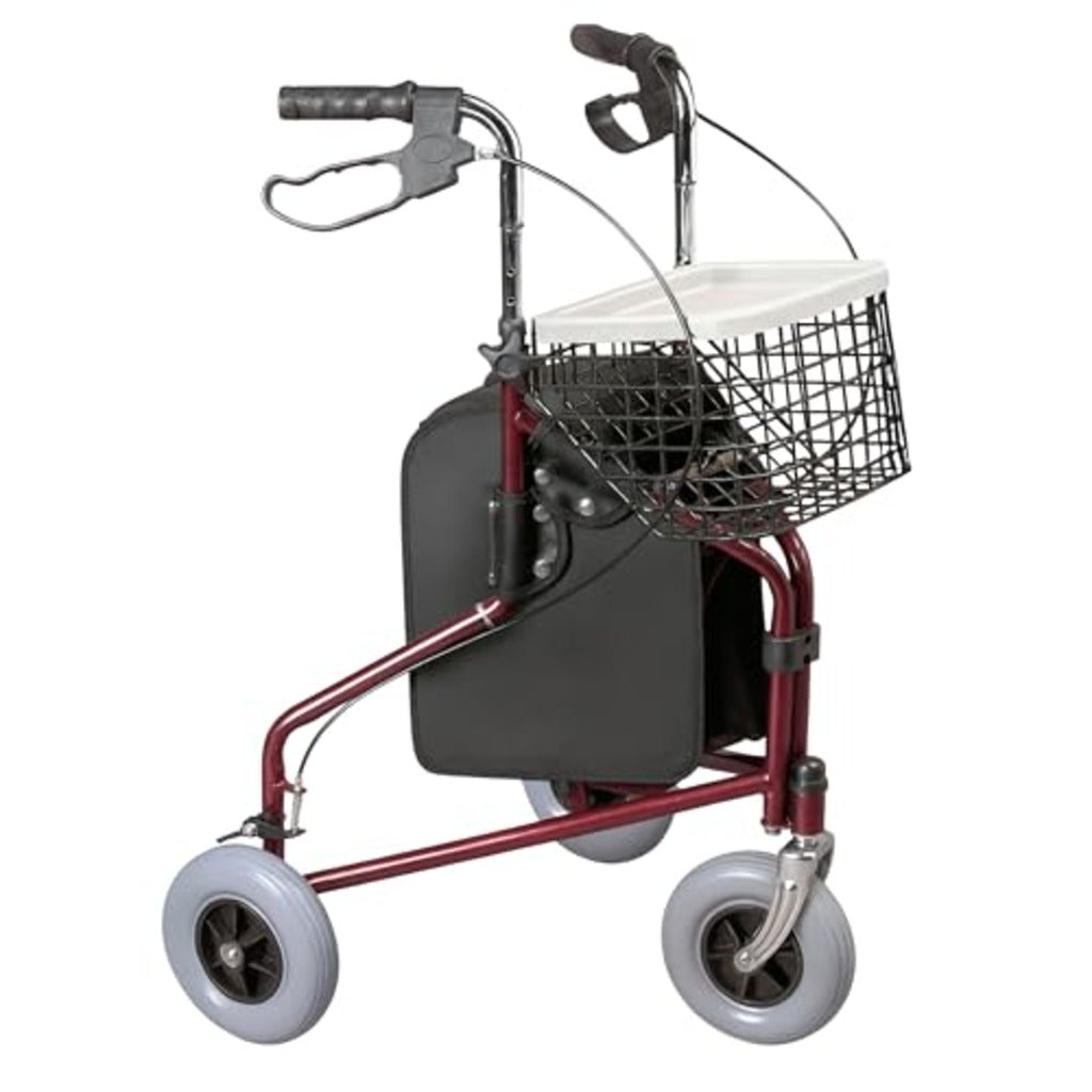 Days Folding Three Wheeled Rollator Walker - Steel Mobility Aid with Tray, Basket, Bag, Lockable Brakes - Red - Very Good