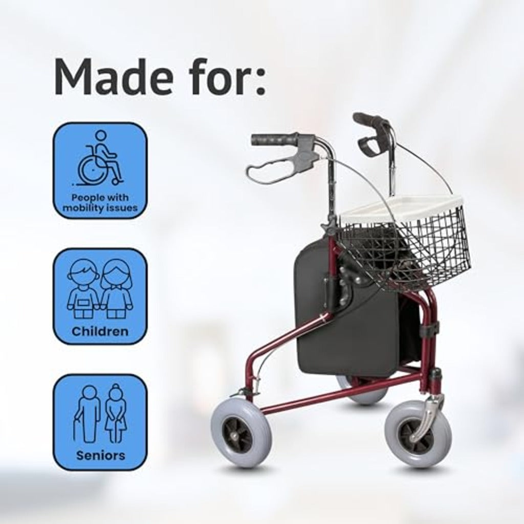 Days Folding Three Wheeled Rollator Walker - Steel Mobility Aid with Tray, Basket, Bag, Lockable Brakes - Red - Very Good